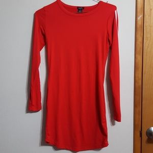 Red midi lone sleeve body con dress.